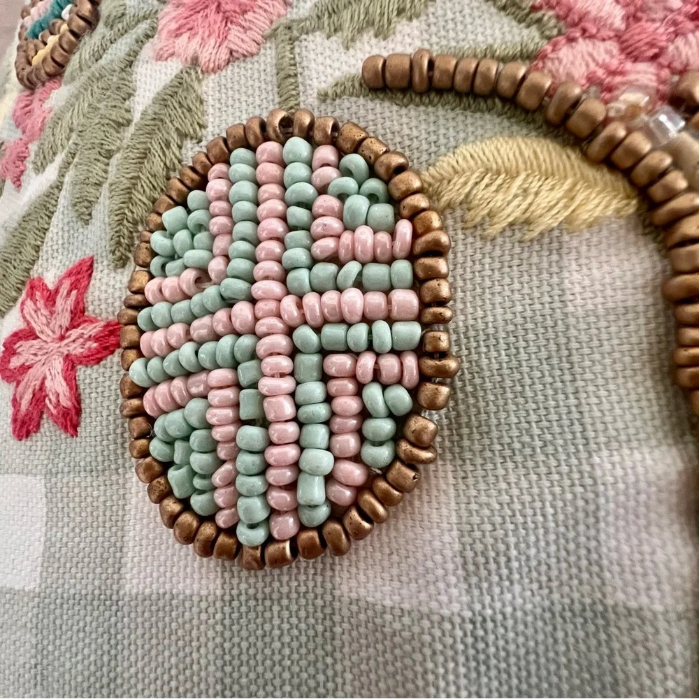 Vtg Set Of 2 PIER 1 BEADED EMBROIDERED SPRING EASTER EGG TREE GINGHAM PILLOW 16”